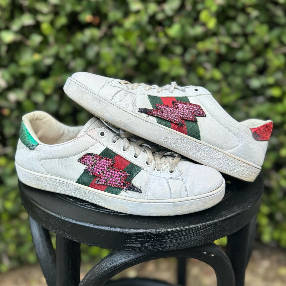 Authentic Gucci GG Ace Lightning Bolt Leather White Green Red Sneakers Shoes